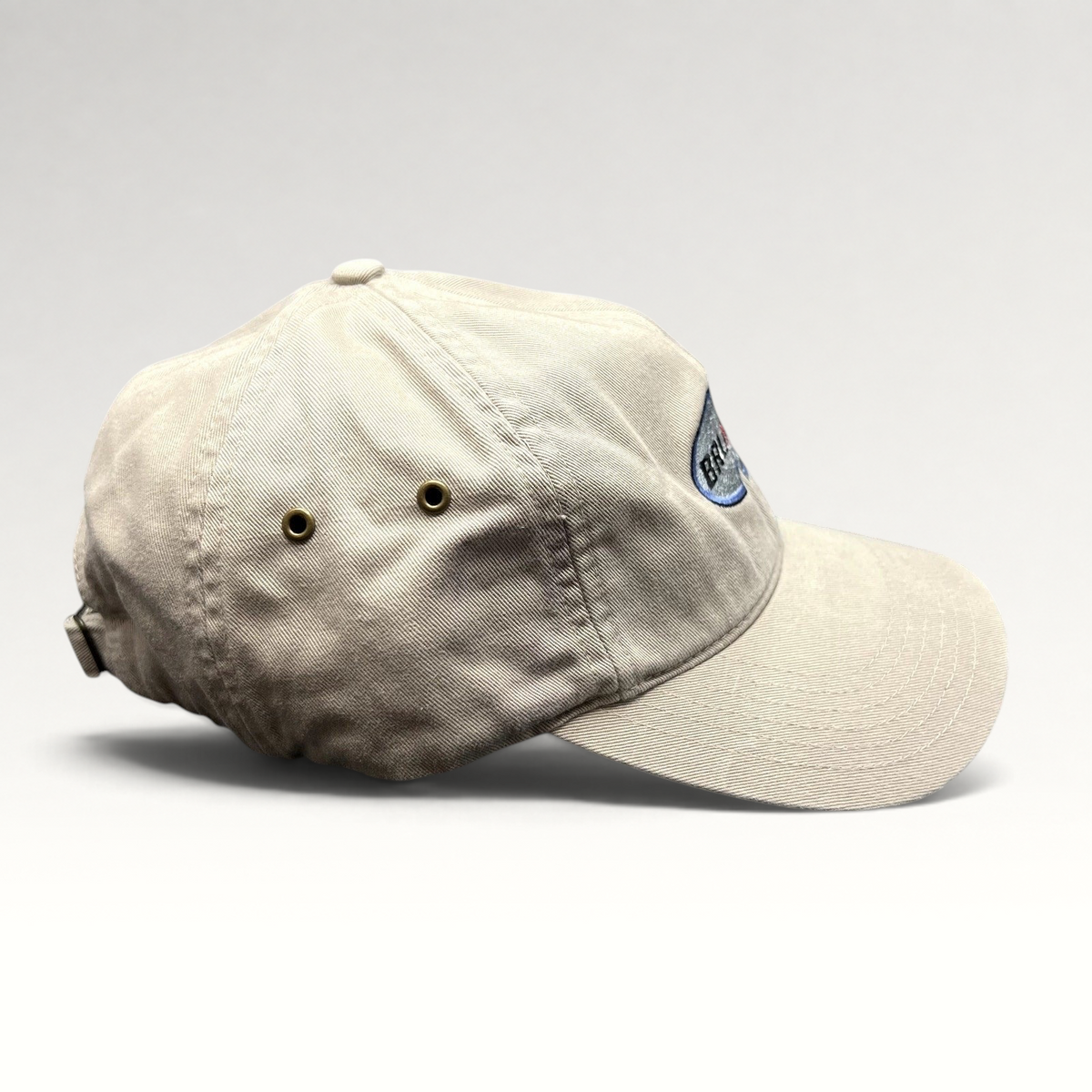 Raree Finds vintage khaki Richardson cotton strapback hat with Brunton logo embroidery and navy underbrim