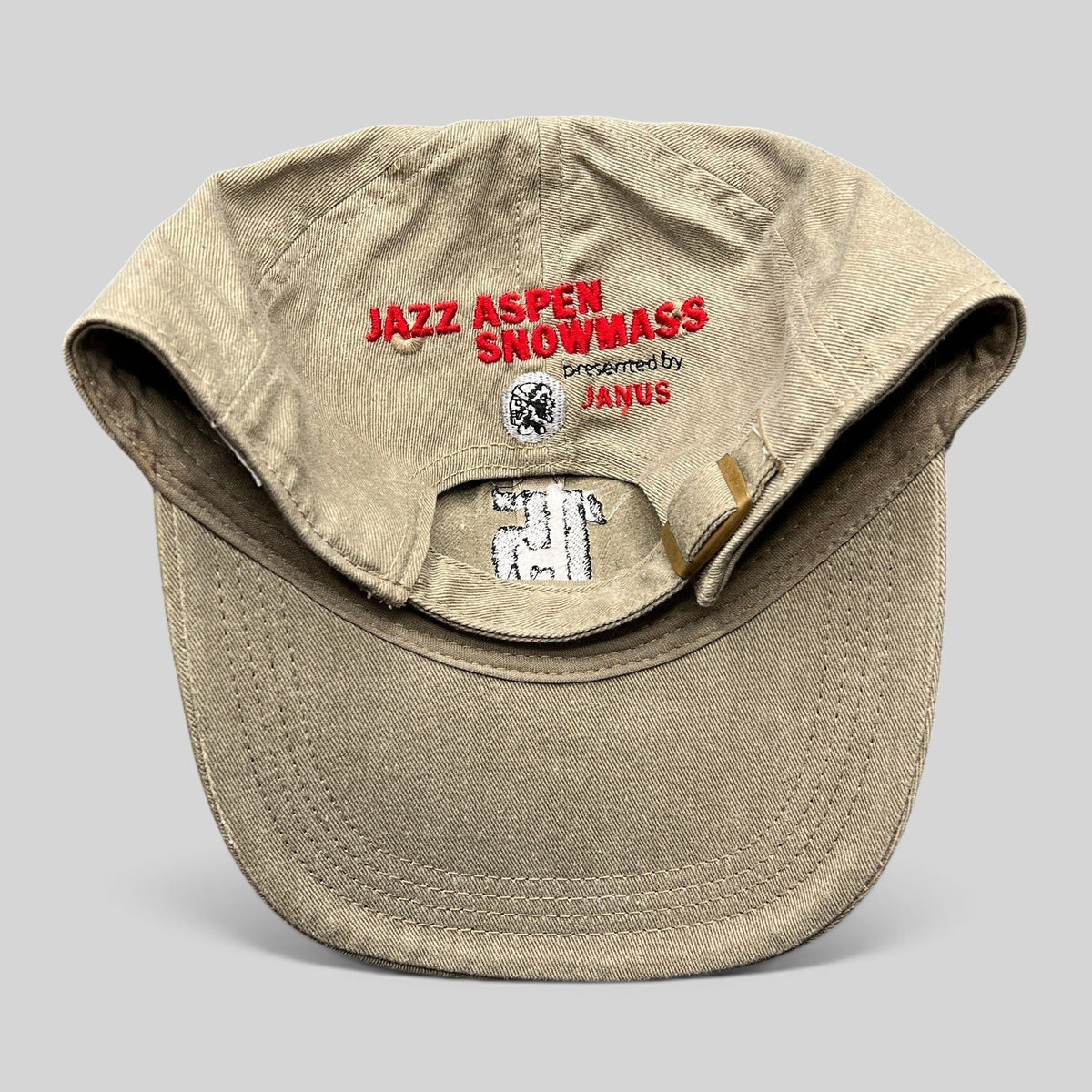 Raree Finds khaki garment-washed cotton dad hat with Jazz Aspen Snowmass 15 Years interior embroidery and strapback