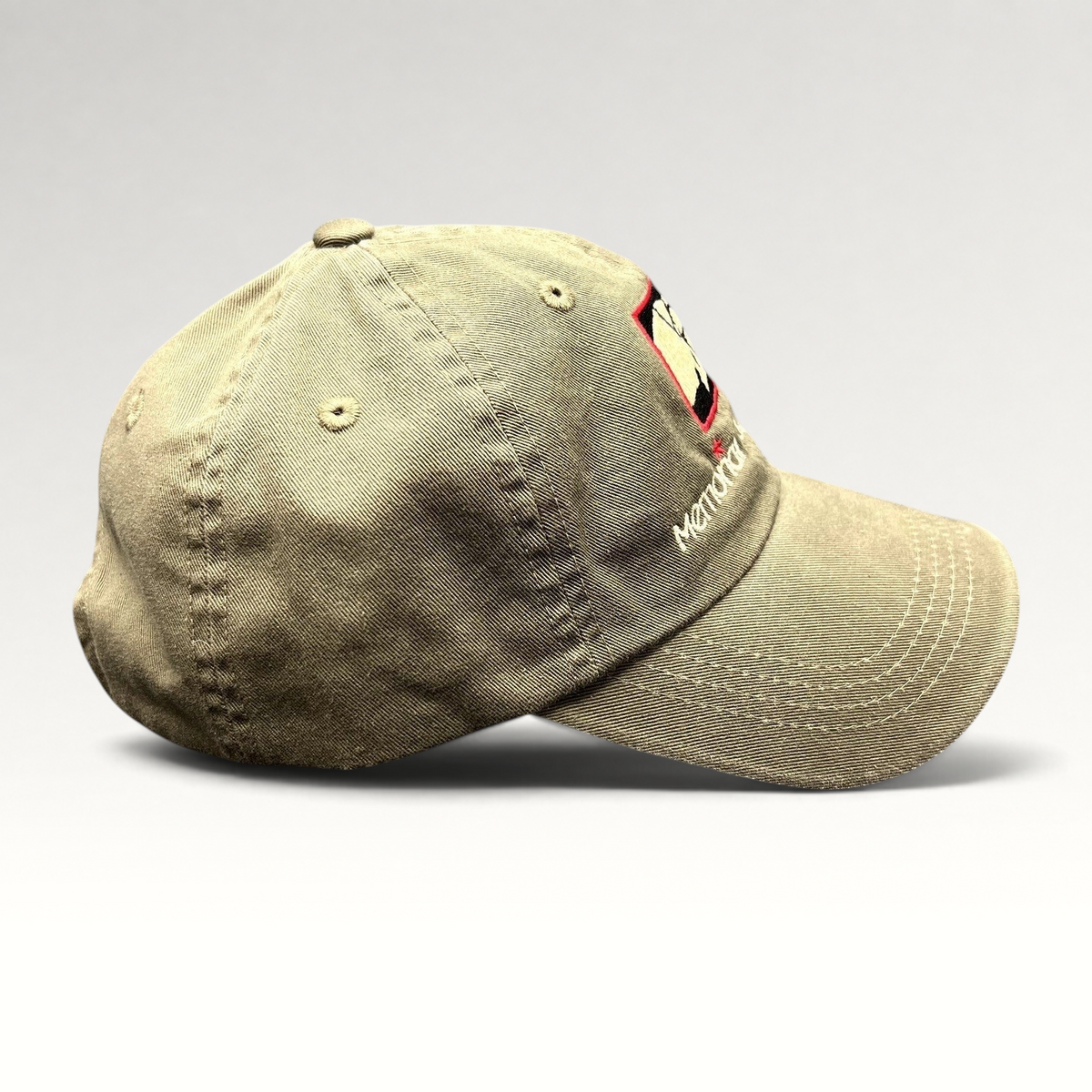 Raree Finds khaki cotton twill strapback hat with Memorial Day Classic embroidered logo and unstructured profile