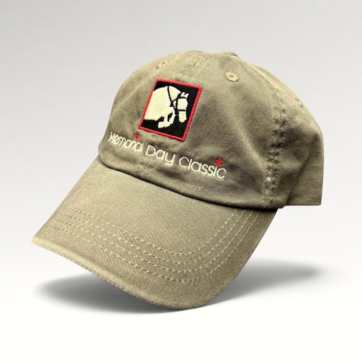 Raree Finds khaki cotton twill strapback hat with embroidered Memorial Day Classic equestrian logo and script