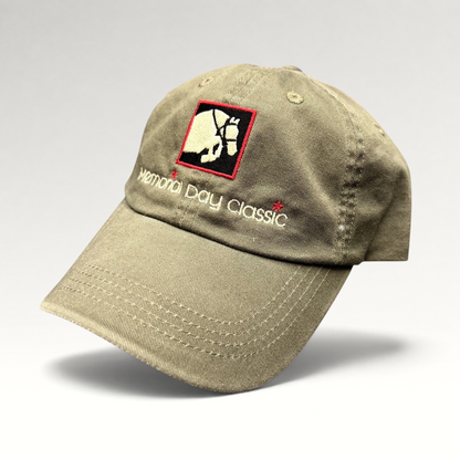 Raree Finds khaki cotton twill strapback hat with embroidered Memorial Day Classic equestrian logo and script