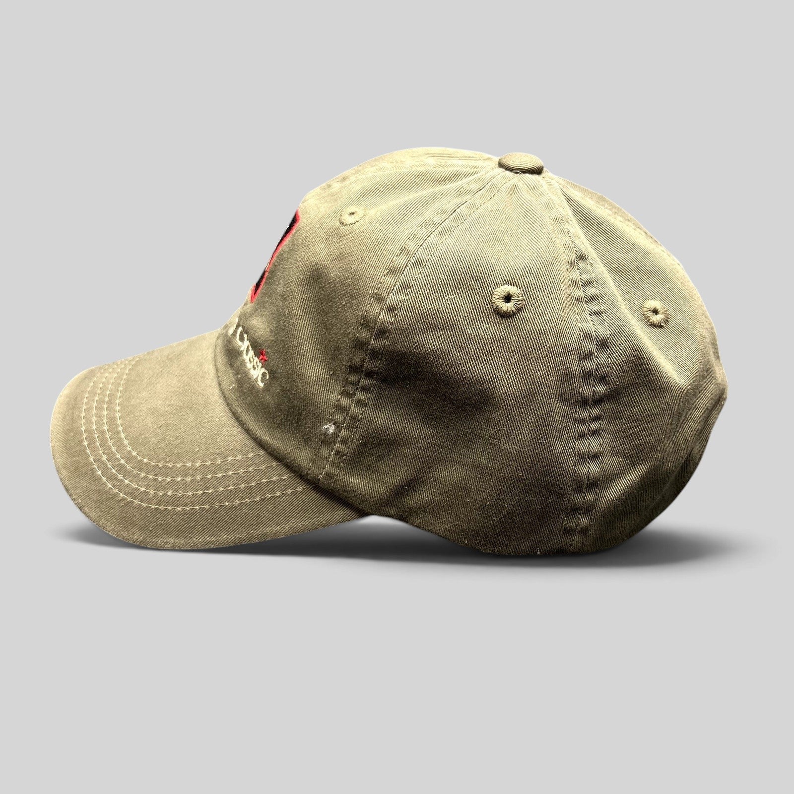 Raree Finds khaki cotton twill strapback hat with Memorial Day Classic embroidered logo and unstructured profile