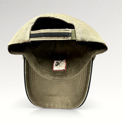 Raree Finds khaki cotton twill strapback hat with adjustable closure and interior branding label