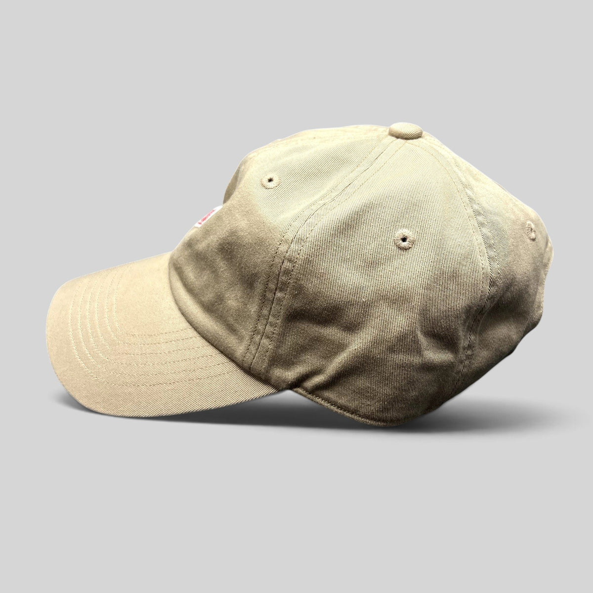 Raree Finds khaki Danton cotton twill six-panel strapback hat with minimalist red logo embroidery
