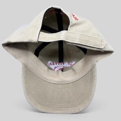 Raree Finds vintage khaki cotton twill strapback hat with red embroidered fishing logo from Snowmass Colorado