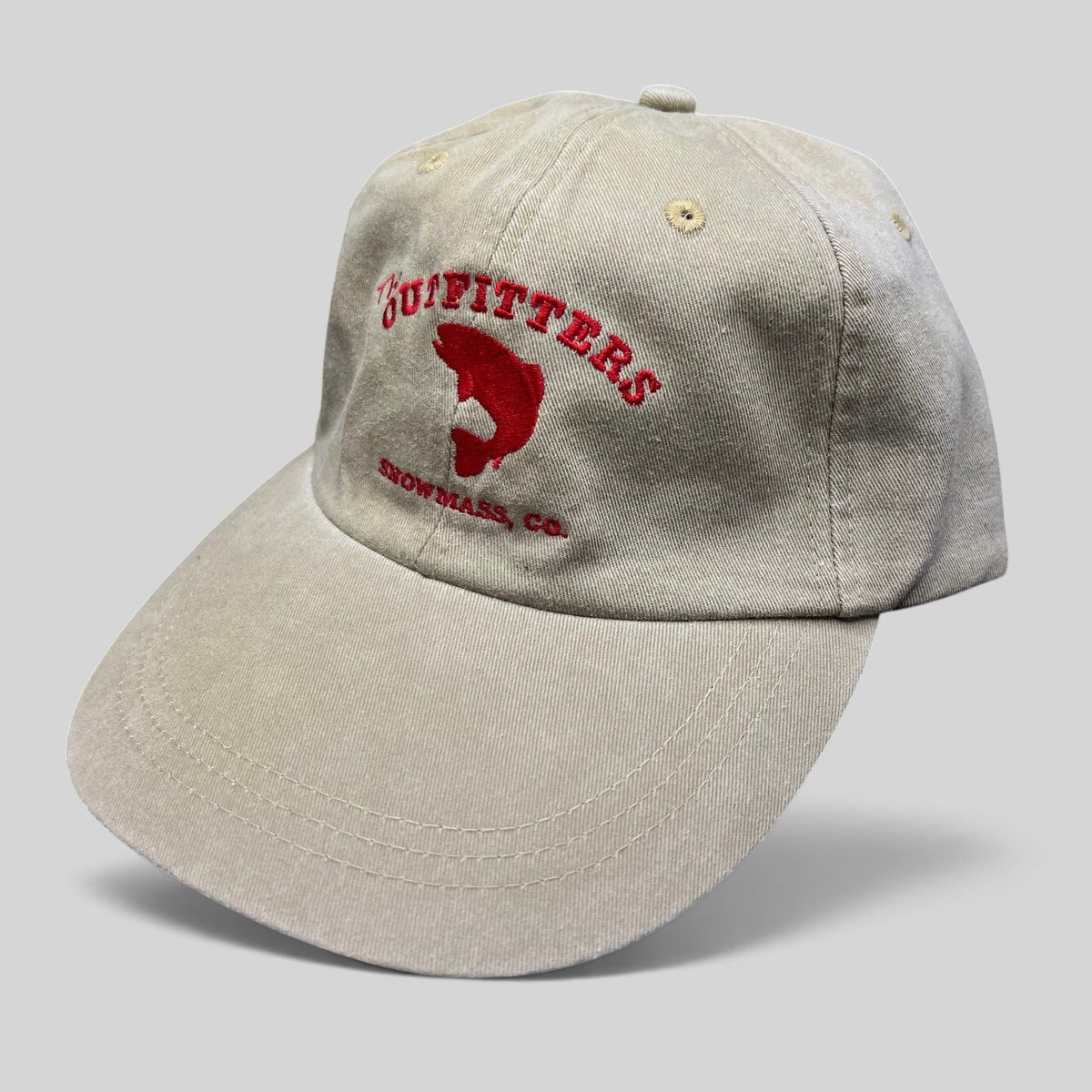 Raree Finds vintage khaki cotton twill strapback hat with red The Outfitters Snowmass CO fishing logo embroidery