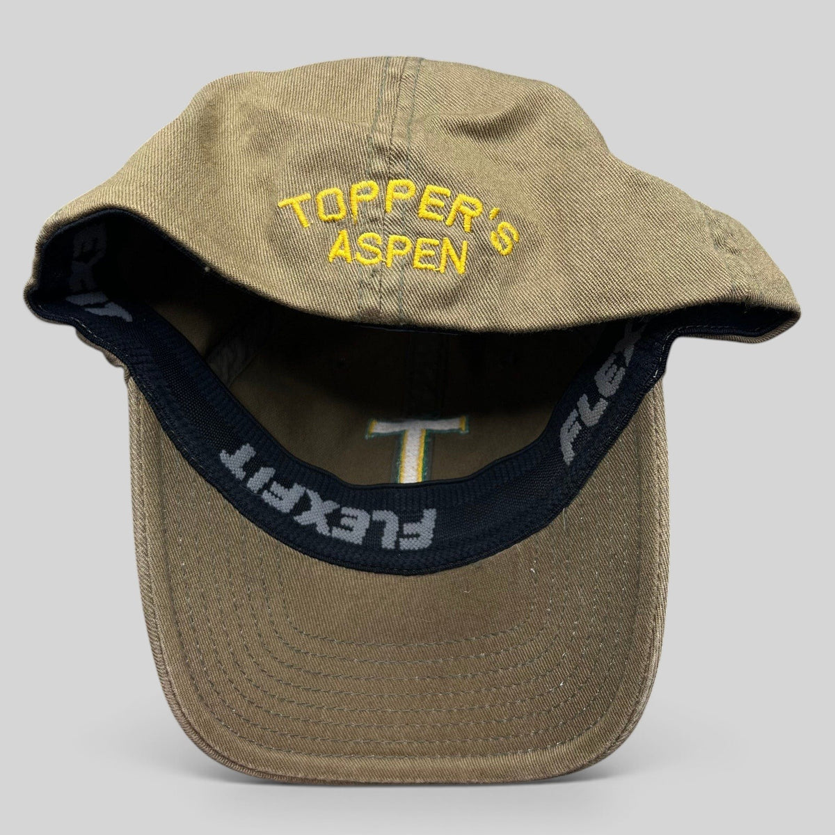 Raree Finds khaki cotton twill Flexfit cap with yellow Topper's Aspen embroidery on the interior brim