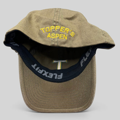 Raree Finds khaki cotton twill Flexfit cap with yellow Topper's Aspen embroidery on the interior brim