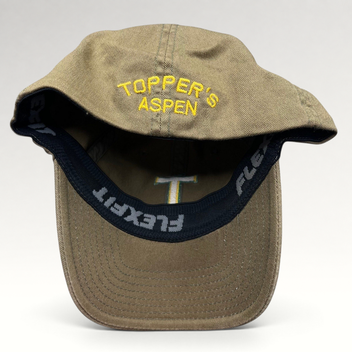 Raree Finds khaki cotton twill Flexfit cap with yellow Topper's Aspen embroidery on the interior brim
