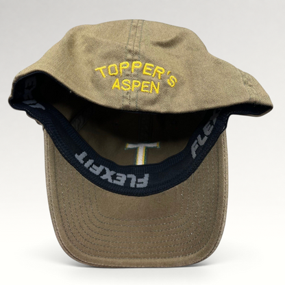 Raree Finds khaki cotton twill Flexfit cap with yellow Topper's Aspen embroidery on the interior brim