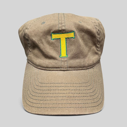 Raree Finds vintage khaki cotton twill Flexfit cap with a yellow and green embroidered T logo on the front