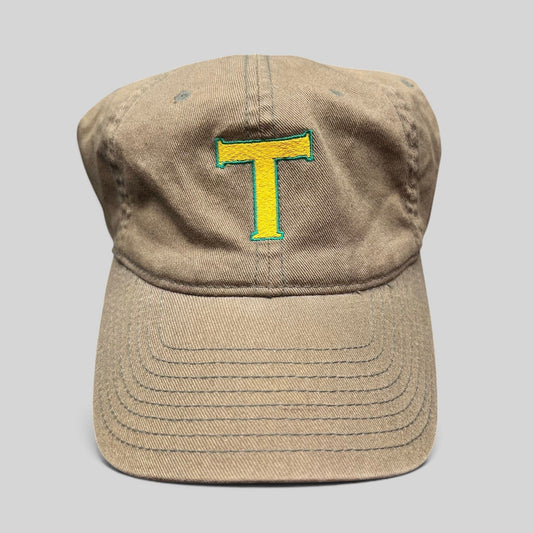 Raree Finds vintage khaki cotton twill Flexfit cap with a yellow and green embroidered T logo on the front