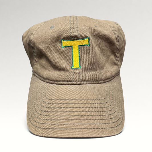 Raree Finds vintage khaki cotton twill Flexfit cap with a yellow and green embroidered T logo on the front