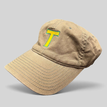 Raree Finds khaki cotton twill Flexfit hat with a yellow and green embroidered T logo on the front