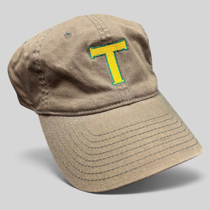 Raree Finds khaki cotton twill Flexfit hat with a yellow and green embroidered T logo on the front
