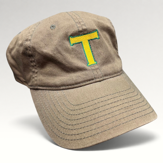 Raree Finds khaki cotton twill Flexfit hat with a yellow and green embroidered T logo on the front