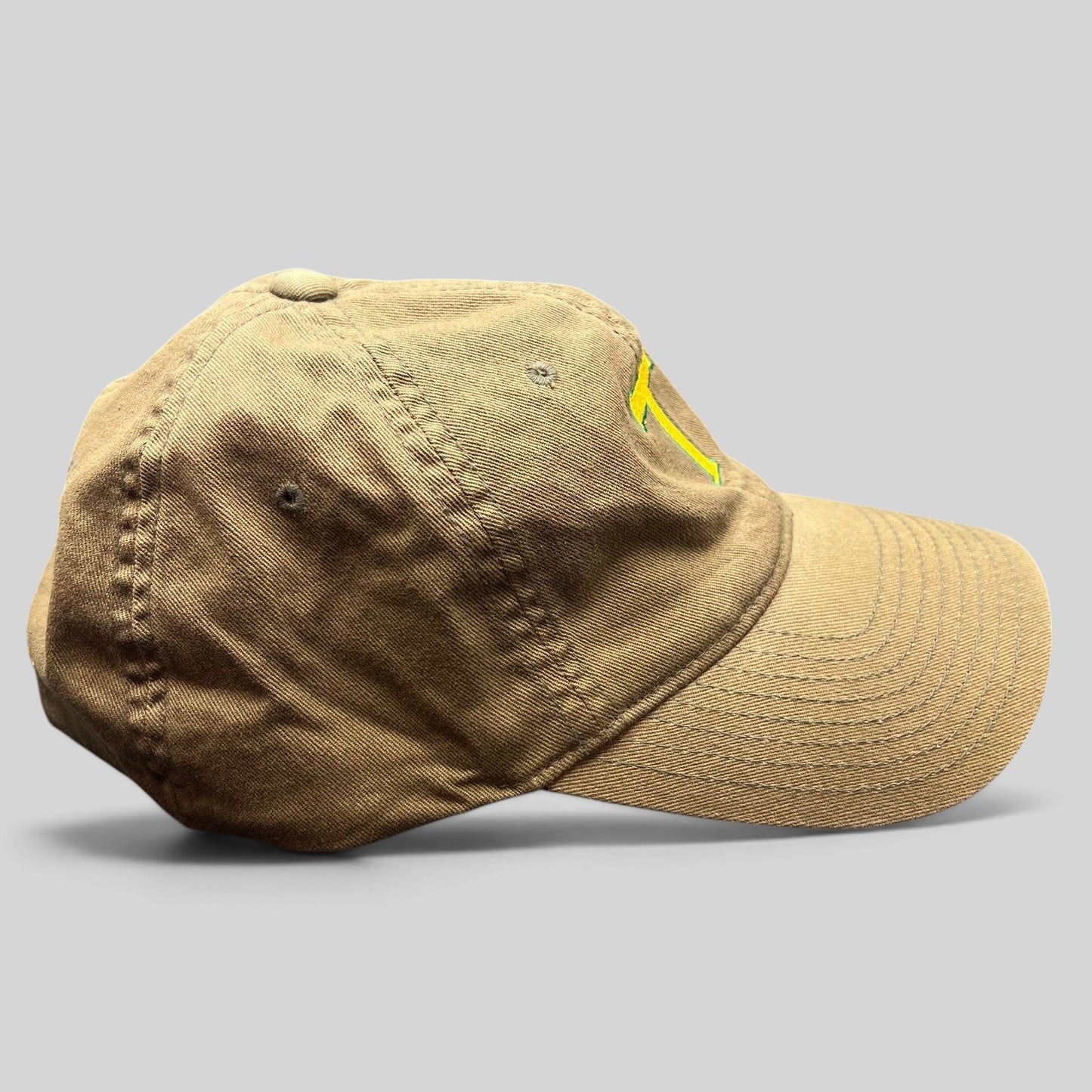Raree Finds khaki cotton twill Flexfit cap with yellow and green embroidered T logo on the side