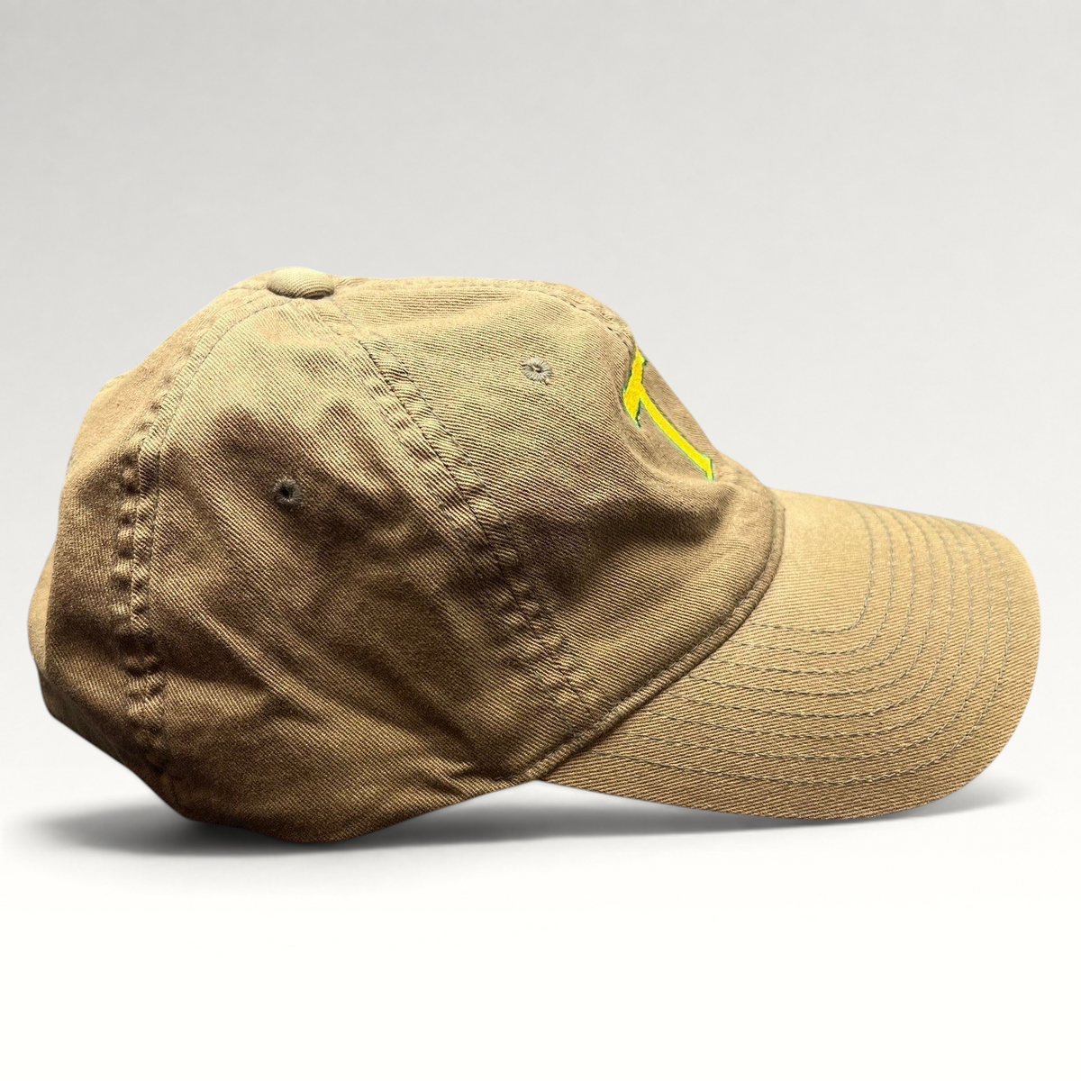 Raree Finds khaki cotton twill Flexfit cap with yellow and green embroidered T logo on the side