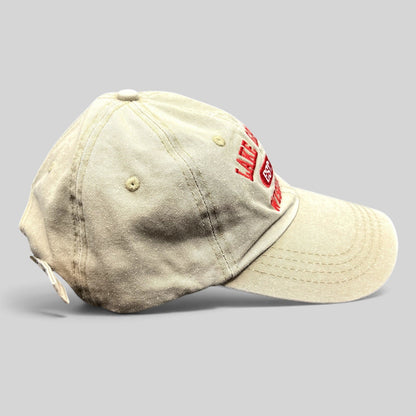 Raree Finds vintage khaki washed cotton strapback hat with red Lake Geneva Wisconsin embroidery and brass buckle