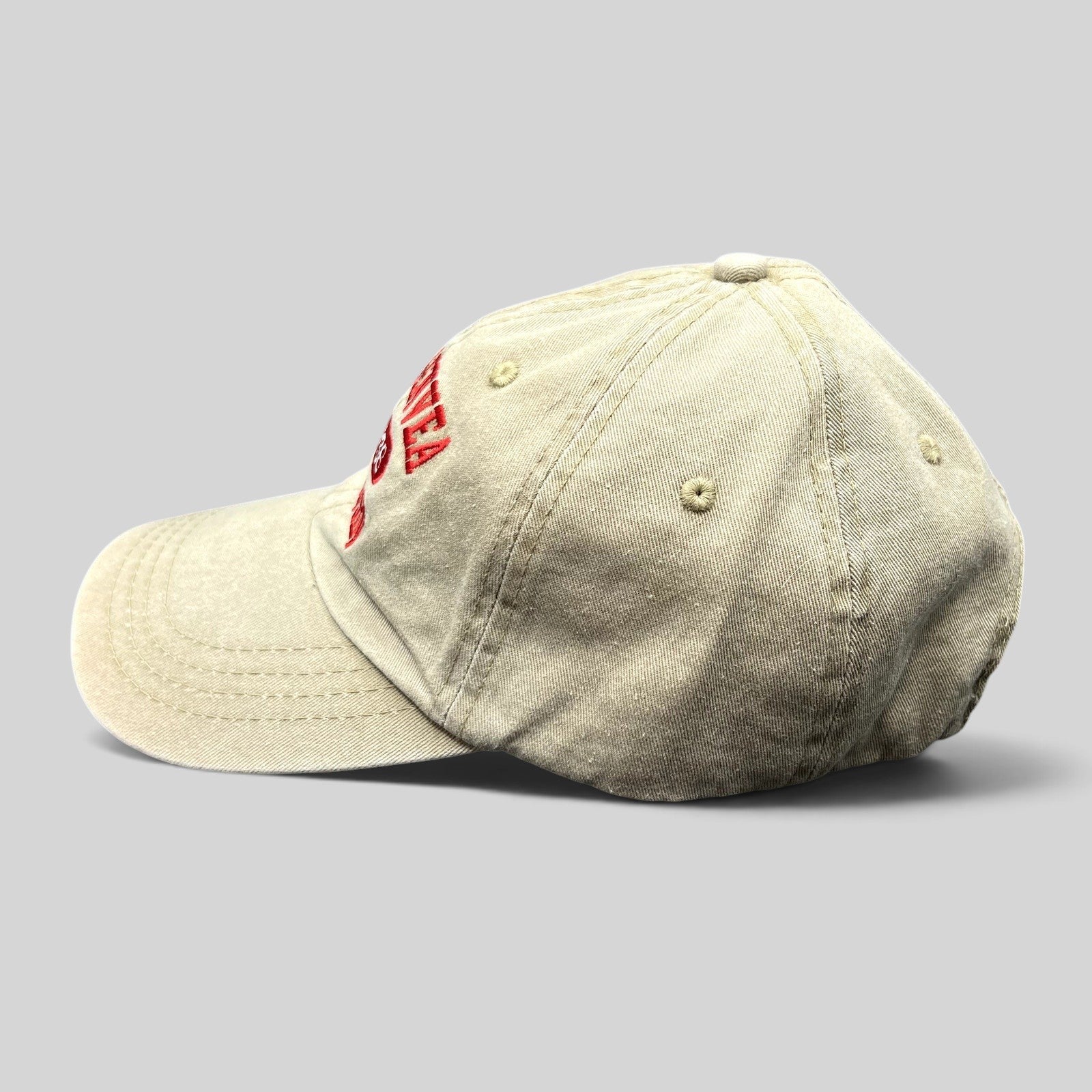 Raree Finds vintage khaki cotton strapback hat with red Lake Geneva Wisconsin embroidery, side profile view.