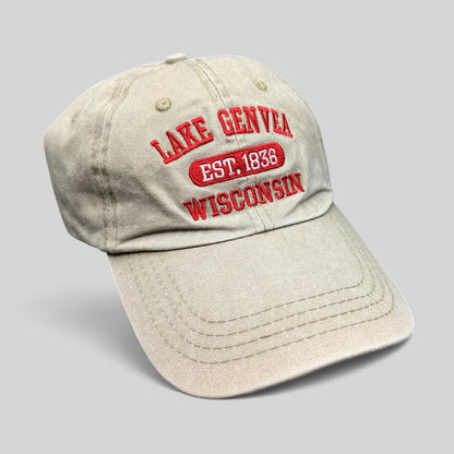 Raree Finds vintage khaki cotton strapback hat with red embroidered Lake Geneva Wisconsin souvenir lettering