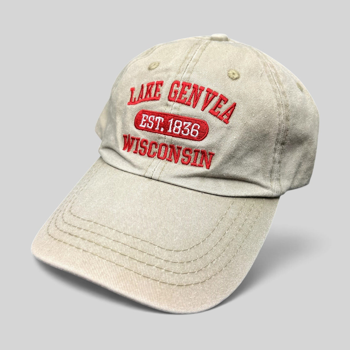 Raree Finds vintage khaki washed cotton strapback hat with red Lake Geneva Wisconsin embroidery and brass buckle