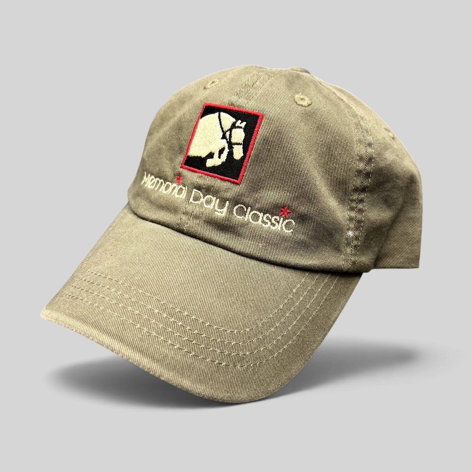 Raree Finds khaki cotton twill strapback hat with embroidered Memorial Day Classic logo and equestrian graphic