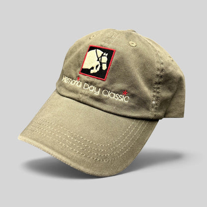 Raree Finds khaki cotton twill strapback hat with embroidered Memorial Day Classic logo and equestrian graphic