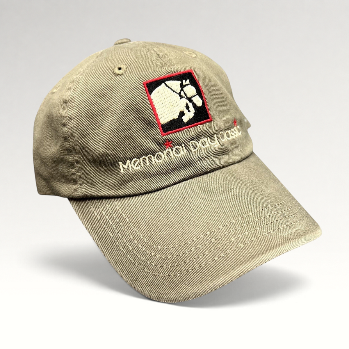 Raree Finds khaki cotton twill strapback hat with embroidered Memorial Day Classic equestrian logo and script