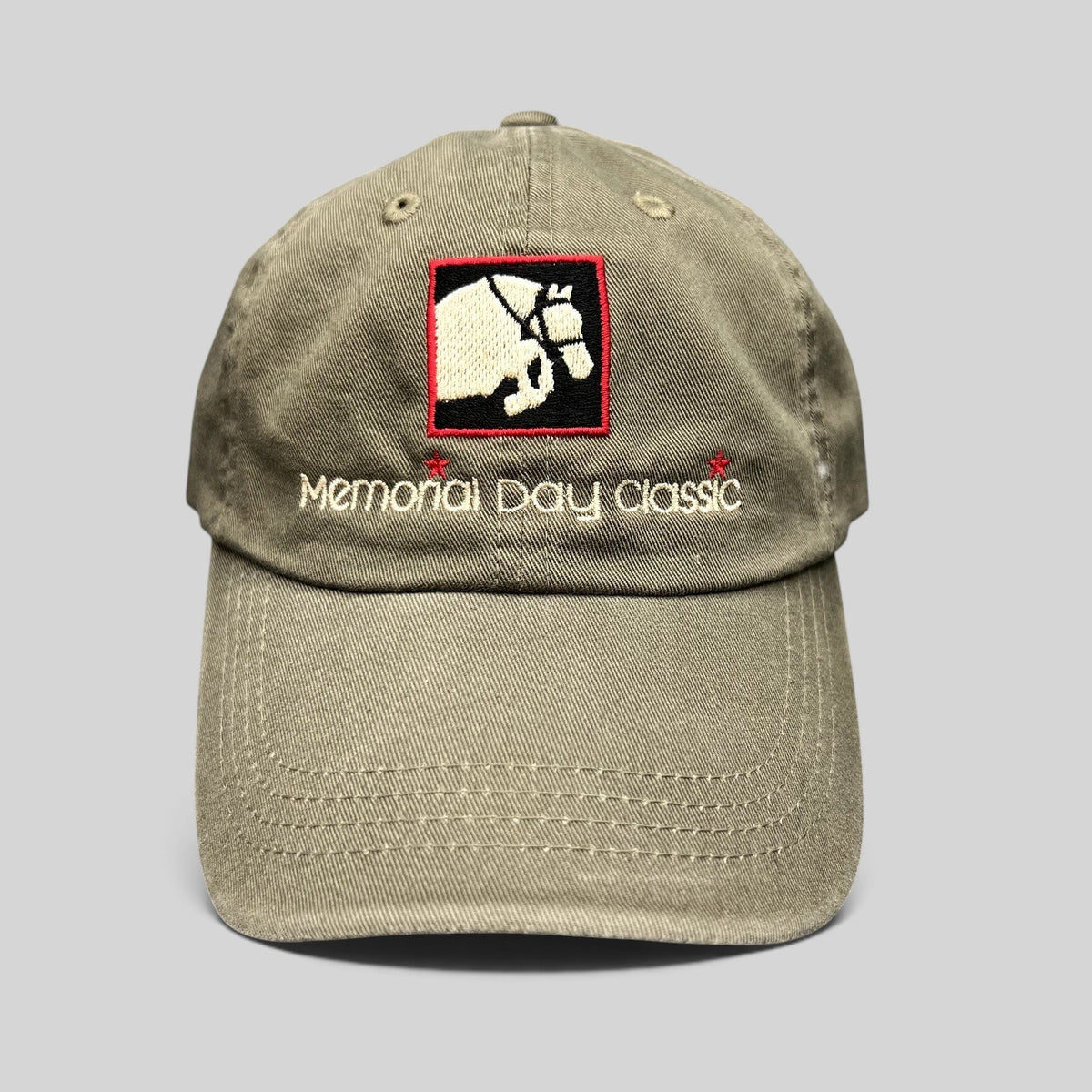 Raree Finds khaki cotton twill strapback hat with embroidered Memorial Day Classic equestrian logo and script