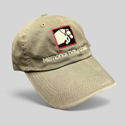 Raree Finds khaki cotton twill strapback hat with embroidered Memorial Day Classic equestrian logo and script
