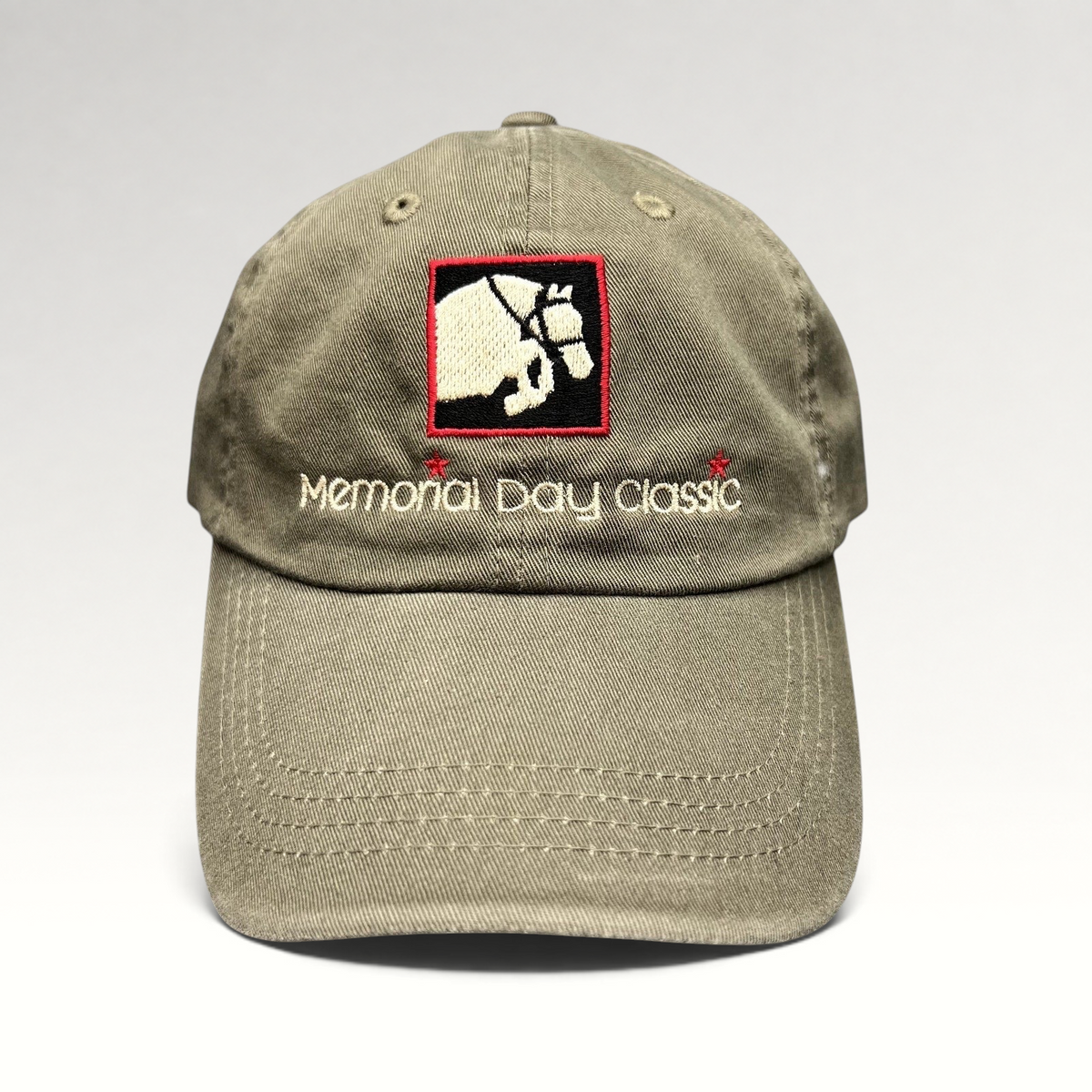 Raree Finds khaki cotton twill strapback hat with embroidered Memorial Day Classic equestrian logo and script