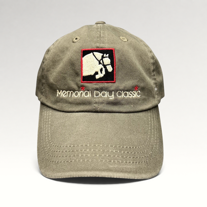 Raree Finds khaki cotton twill strapback hat with embroidered Memorial Day Classic equestrian logo and script