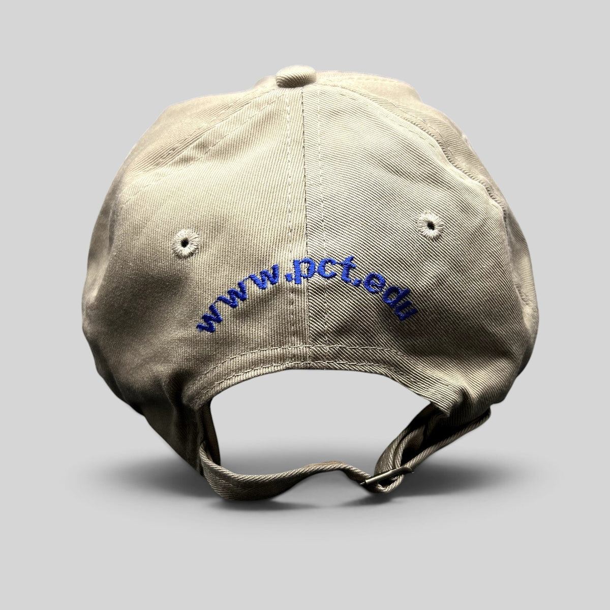 Raree Finds khaki strapback hat with blue embroidered www.pct.edu text on the back and adjustable brass-tone buckle