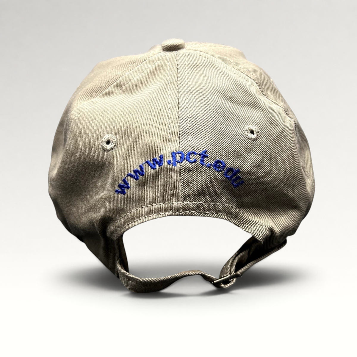 Raree Finds khaki strapback hat with blue embroidered www.pct.edu text on the back and adjustable brass-tone buckle