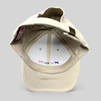 Raree Finds vintage khaki strapback dad hat with interior view showing Bullet Line Headwear tag and brass slider