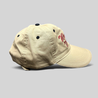 Raree Finds vintage khaki cotton strapback hat with Weeping Wing TKS red embroidery and navy accents