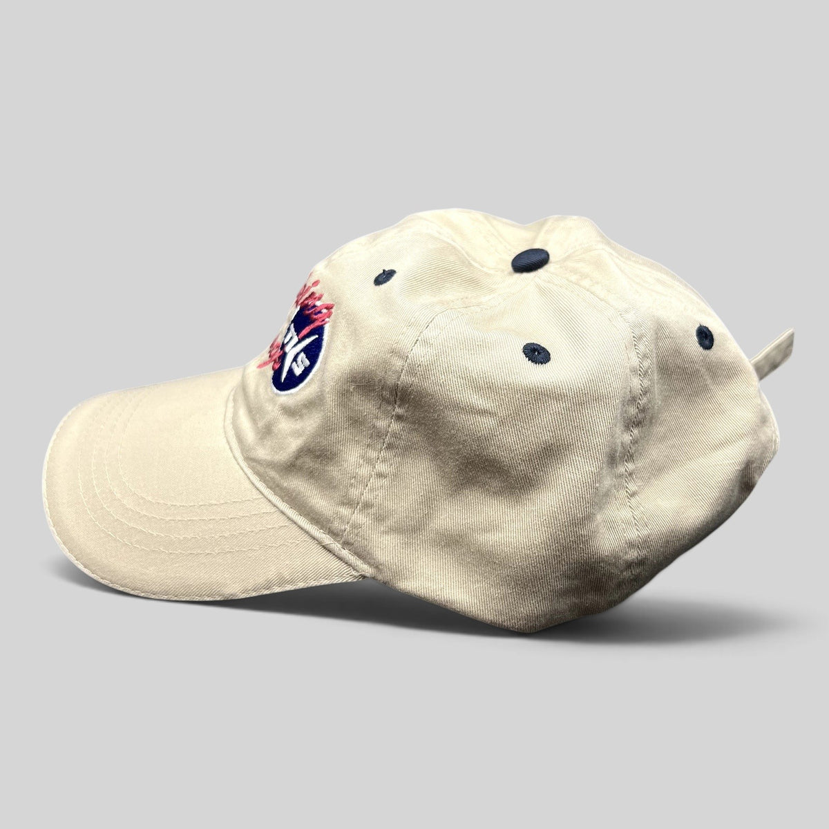 Raree Finds vintage khaki cotton strapback hat featuring embroidered Weeping Wing TKS aviation logo