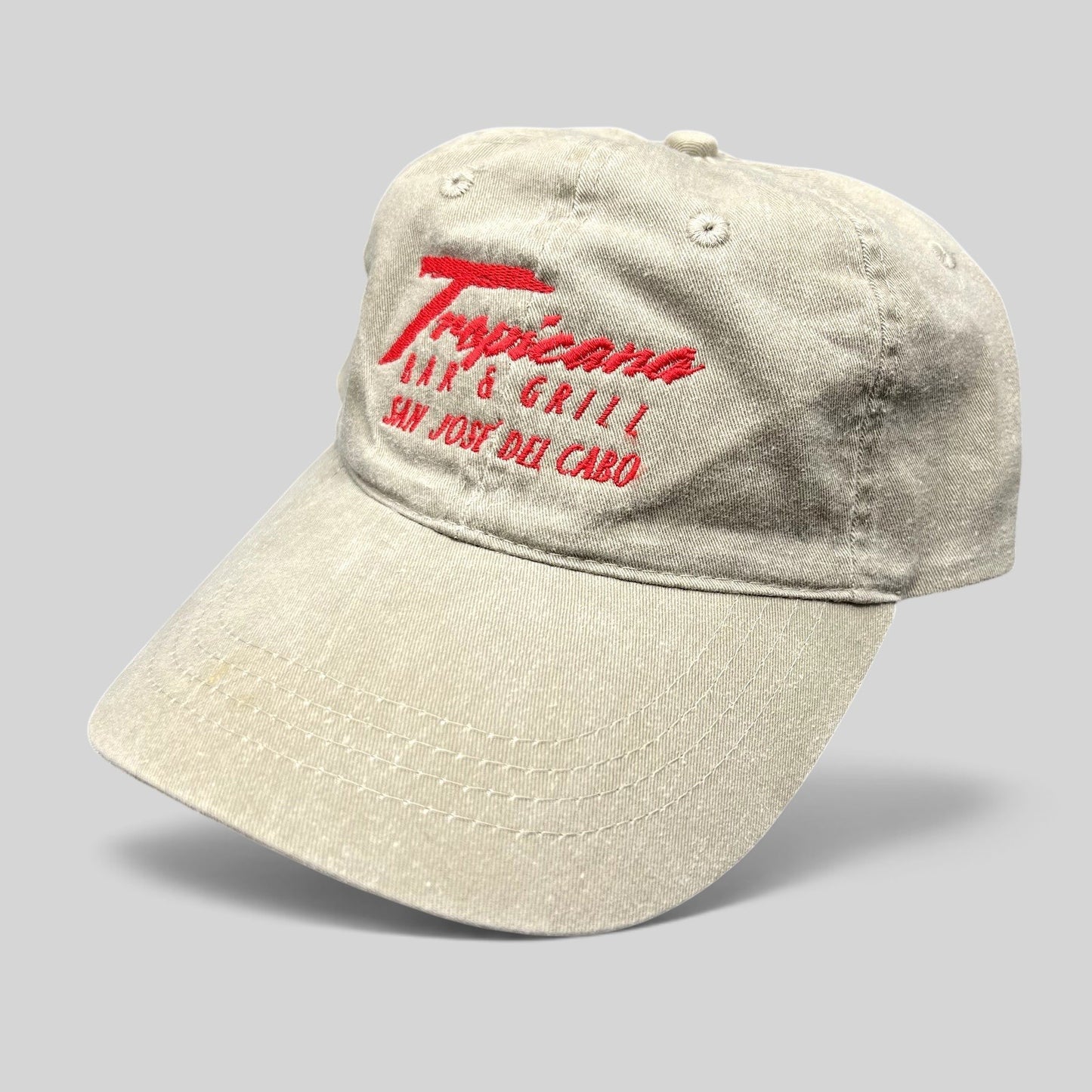 Raree Finds vintage khaki cotton strapback hat with red embroidered Tropicana Bar & Grill San Jose Del Cabo logo
