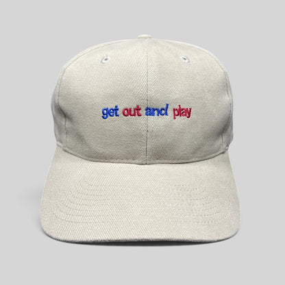 Raree Finds vintage khaki dad hat with embroidered Get Out And Play slogan in red and blue on a relaxed crown