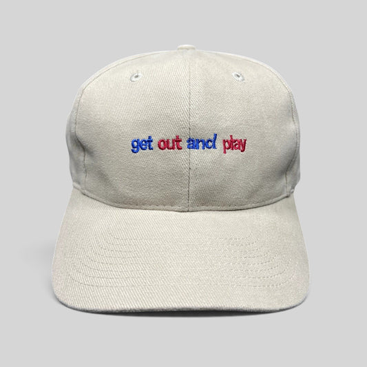 Raree Finds vintage khaki dad hat with embroidered Get Out And Play slogan in red and blue on a relaxed crown