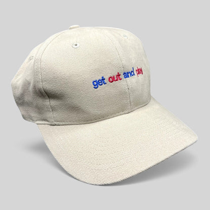 Raree Finds vintage khaki dad hat with embroidered red and blue Get Out And Play slogan and curved brim