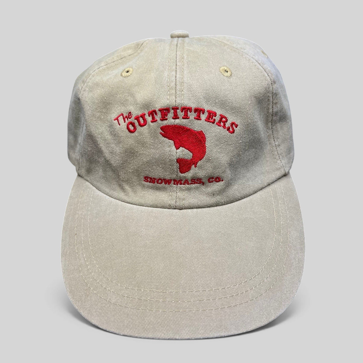 Raree Finds vintage khaki cotton twill strapback hat featuring red The Outfitters Snowmass CO fish logo embroidery