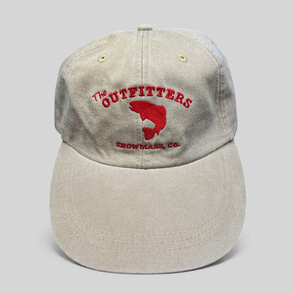 Raree Finds vintage khaki cotton twill strapback hat featuring red The Outfitters Snowmass CO fish logo embroidery