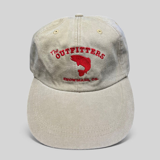 Raree Finds vintage khaki cotton twill strapback hat featuring red The Outfitters Snowmass CO fish logo embroidery