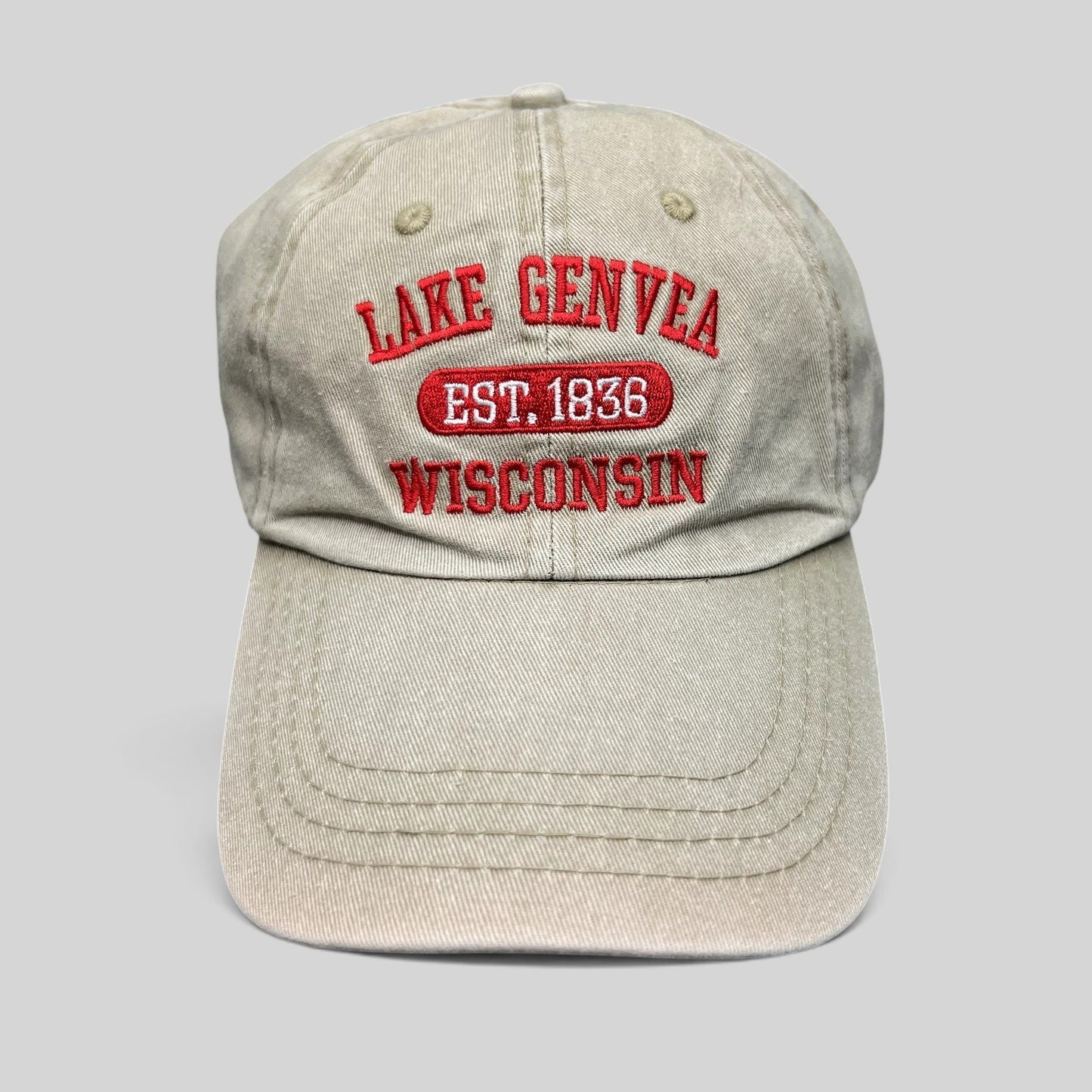Raree Finds vintage khaki cotton strapback hat with red embroidered Lake Geneva Wisconsin souvenir lettering