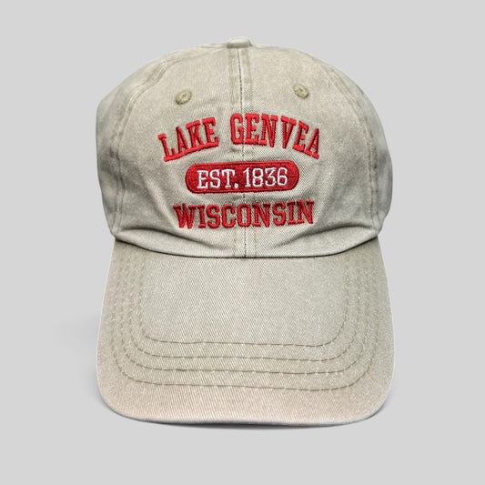 Raree Finds vintage khaki cotton strapback hat with red embroidered Lake Geneva Wisconsin souvenir lettering