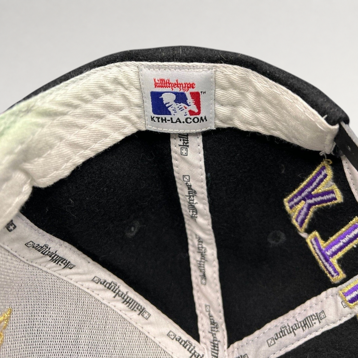 Raree Finds Kill the Hype Los Angeles Lakers snapback interior showing branded taping and KTHLA logo label