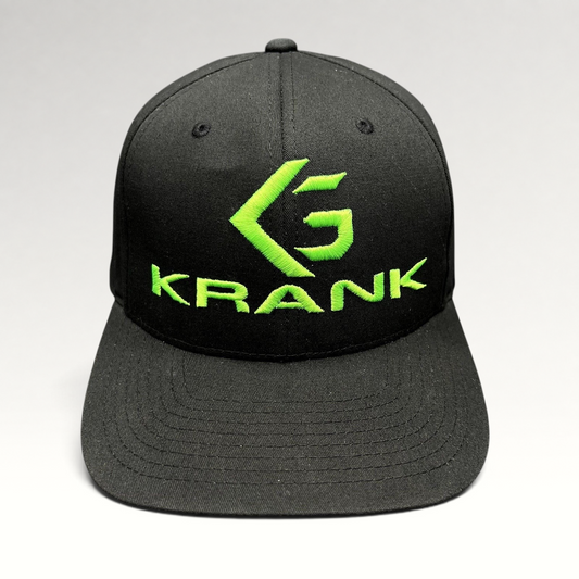 Raree Finds black Krank Golf Flexfit hat with bright green embroidered logo on the front