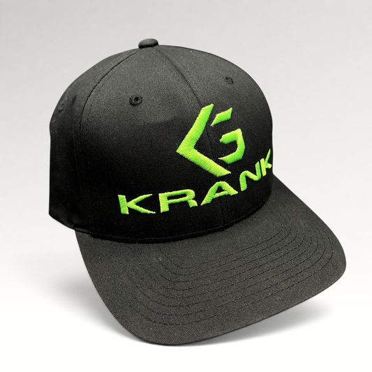 Raree Finds black Krank Golf Flexfit hat with bright green embroidered logo on the front